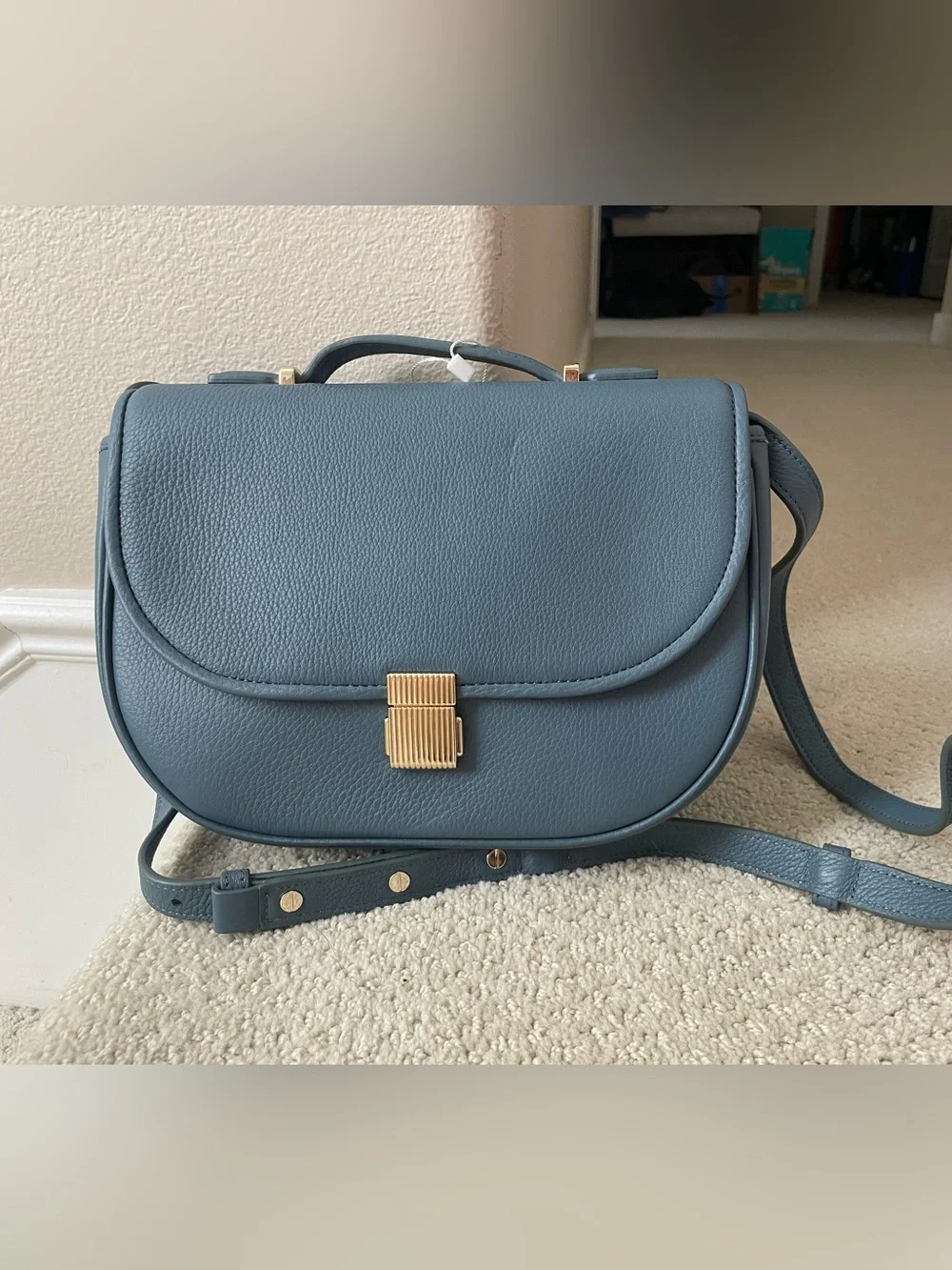 New Blue Leather Crossbody Saddle Bag with Gold Hardware (medium)